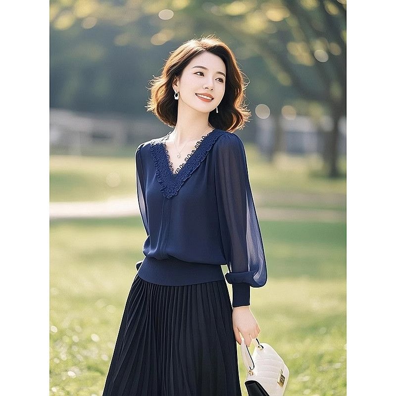 Silk Blouse - Spring Autumn Office Lady Lace Patchwork